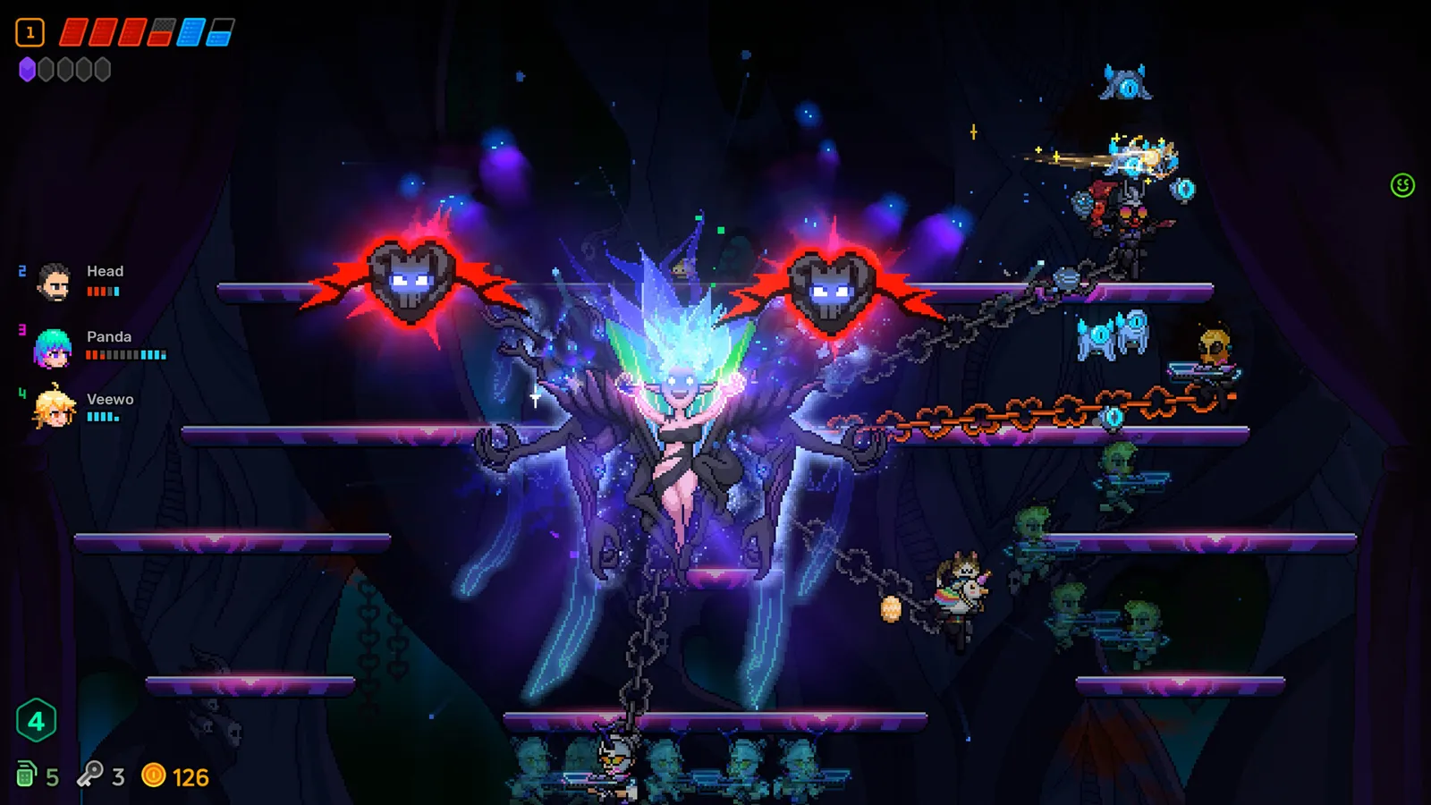 Four players fighting a black-armored goddess surrounded by red wing-shaped bullet patterns