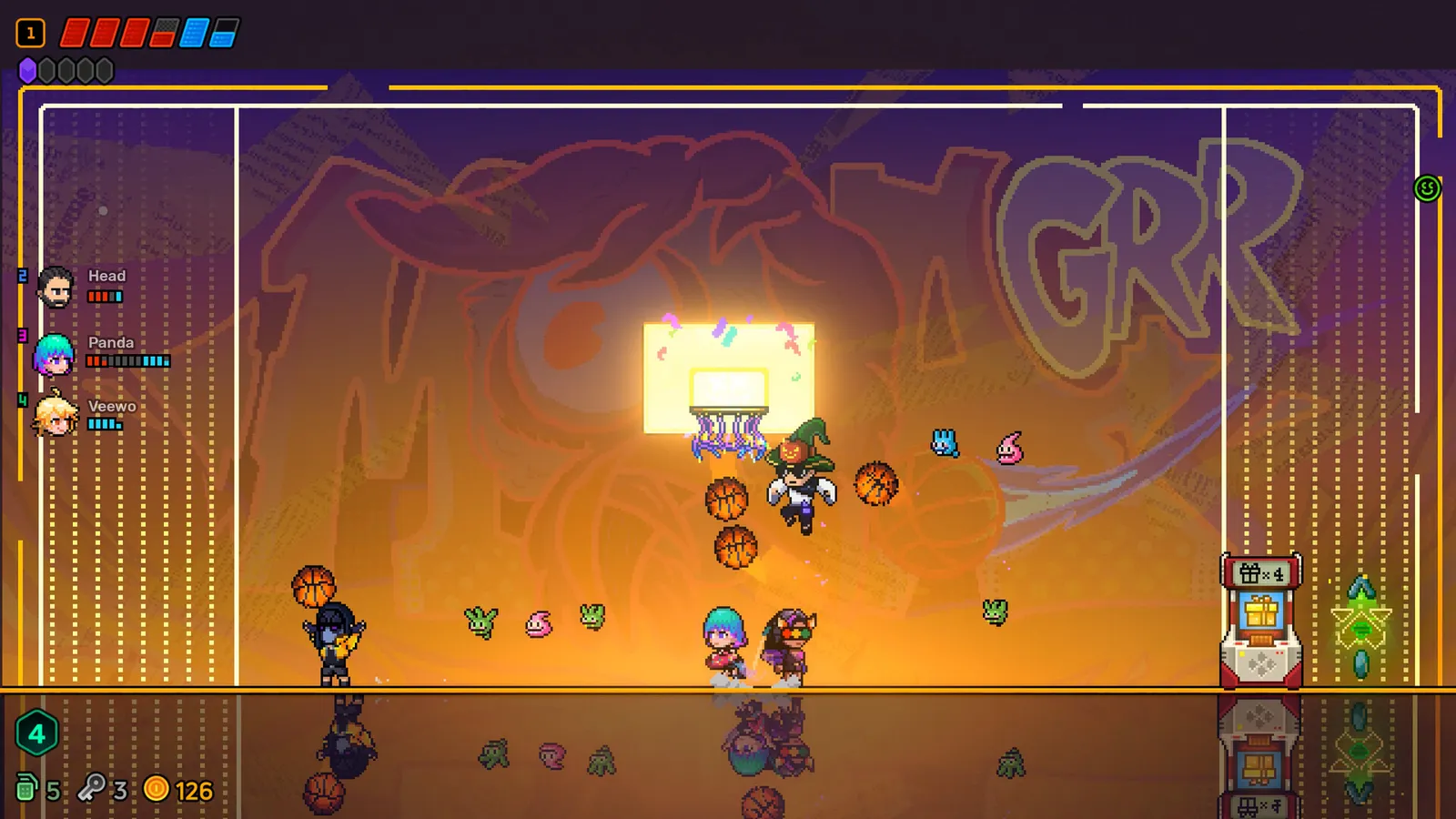 A party of Agents in a golden arena with small green and orange companion creatures following them