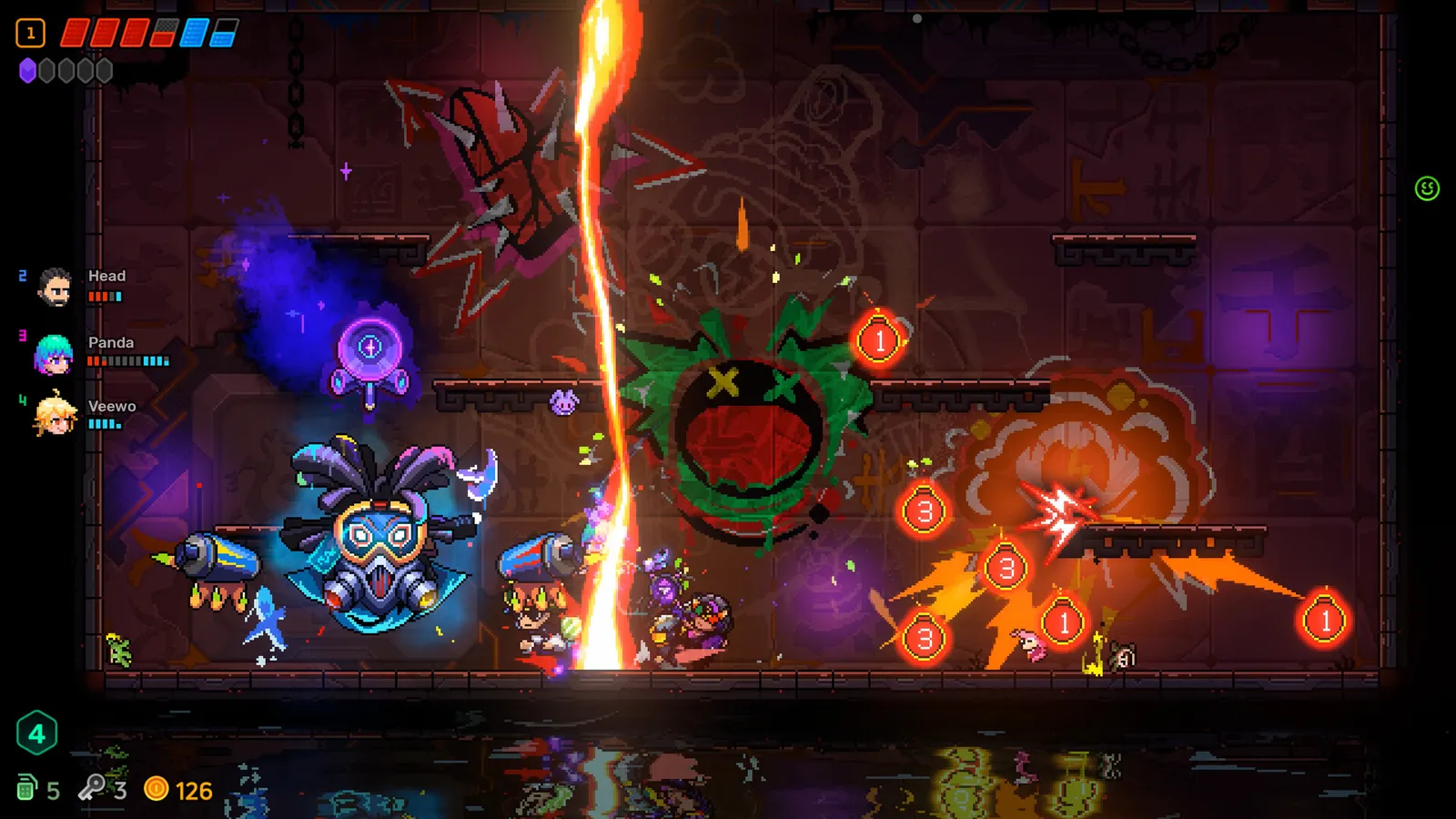 Four players fighting through a dense bullet pattern filled with mushrooms, flying enemies and a vertical laser column
