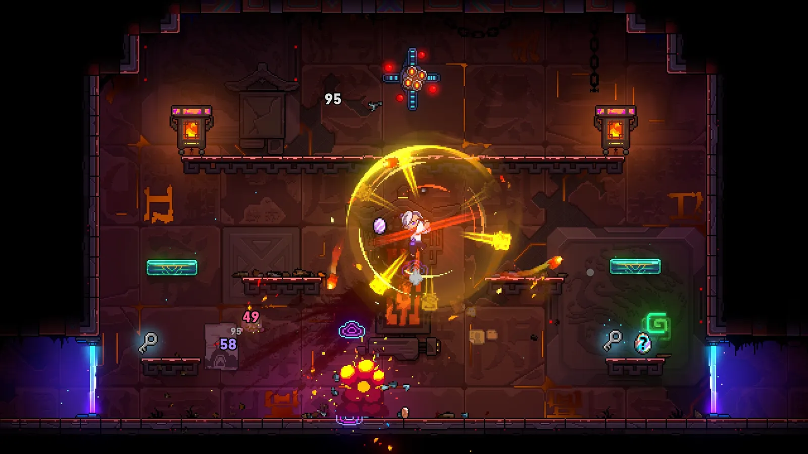 An Agent in a workshop room surrounded by a golden spherical shield effect with damage numbers popping up
